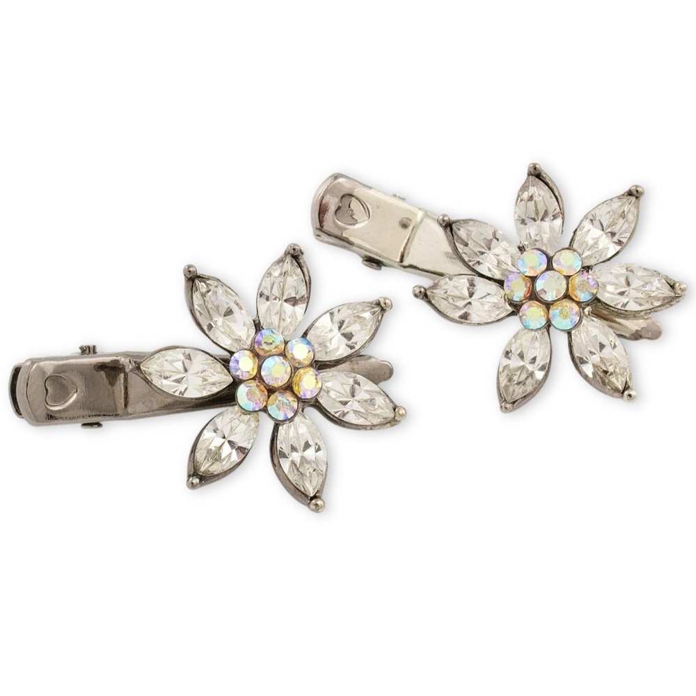 Set of 2 Flower Hair Clips Aurora Borealis & Clear Rhinestone Barrette Estate